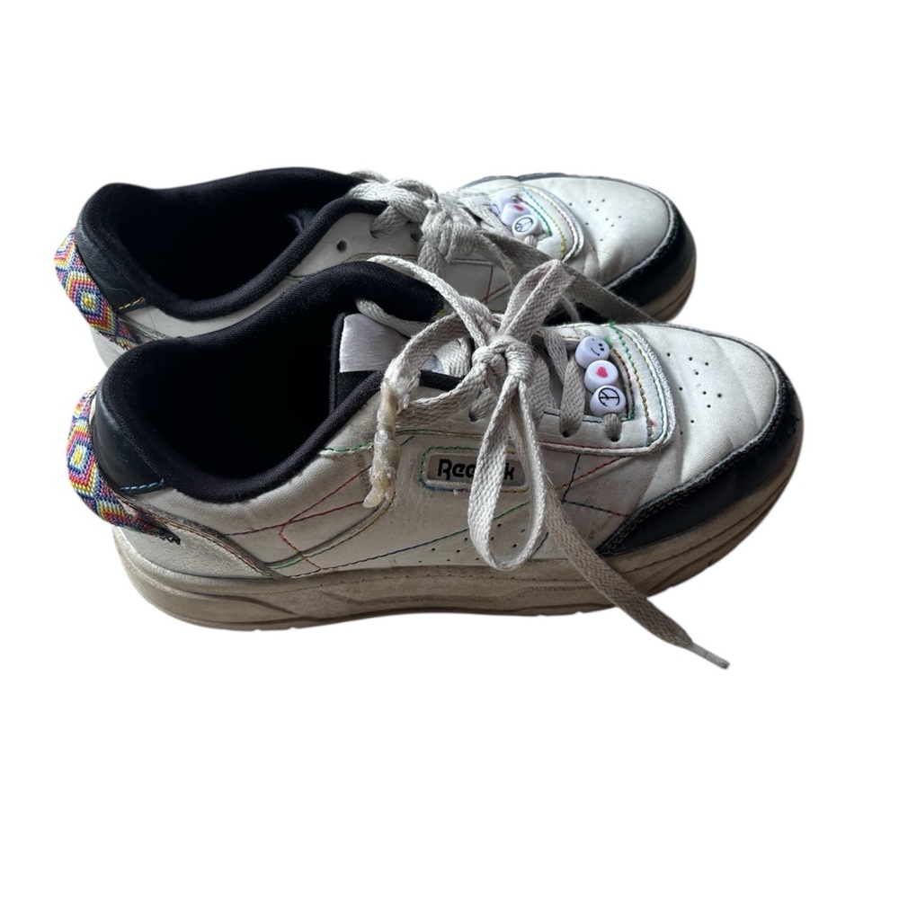 Reebok White and Black Sneakers with Chunky Sole peace love and smiley face bead